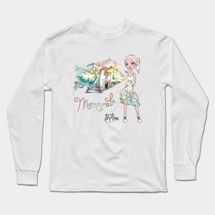 Fashionable girl and cute cat in Manarola Long Sleeve T-Shirt